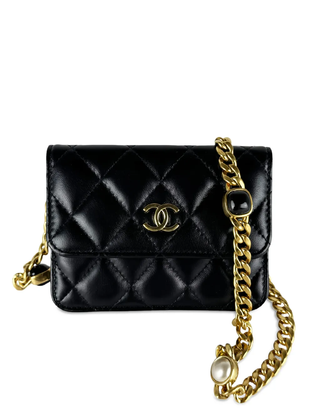 CHANEL Pre-Owned 2021-2026 Mini Quilted Lambskin Resin Pearl Chain Flap crossbody bag - Schwarz