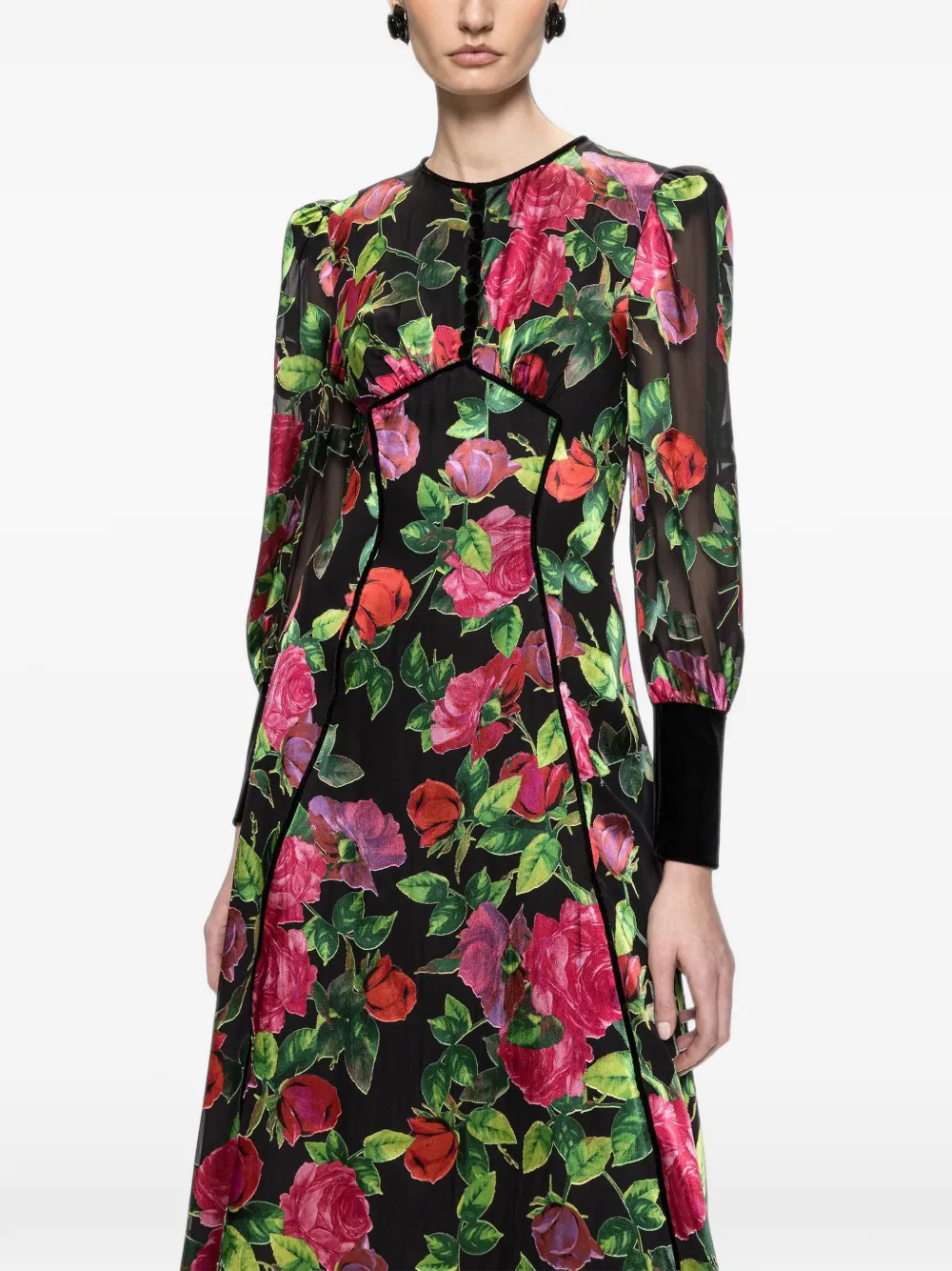 NISSA Viscose en zijden midi-jurk met bloemen Zwart