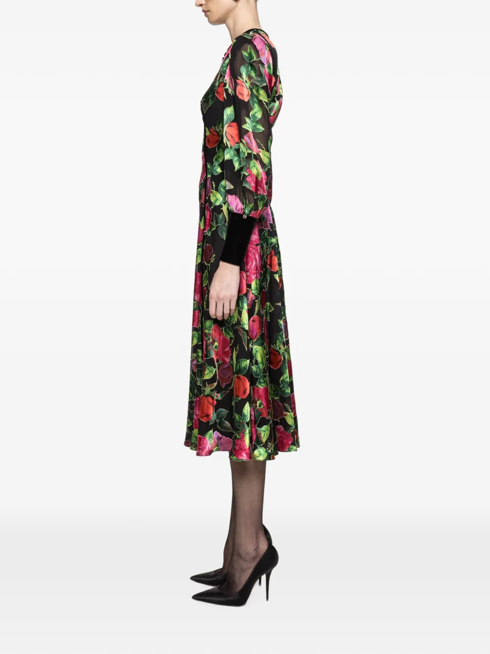 NISSA Viscose en zijden midi-jurk met bloemen Zwart