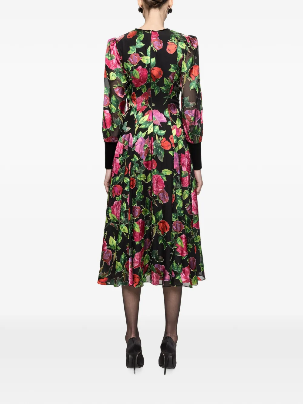 NISSA Viscose en zijden midi-jurk met bloemen Zwart