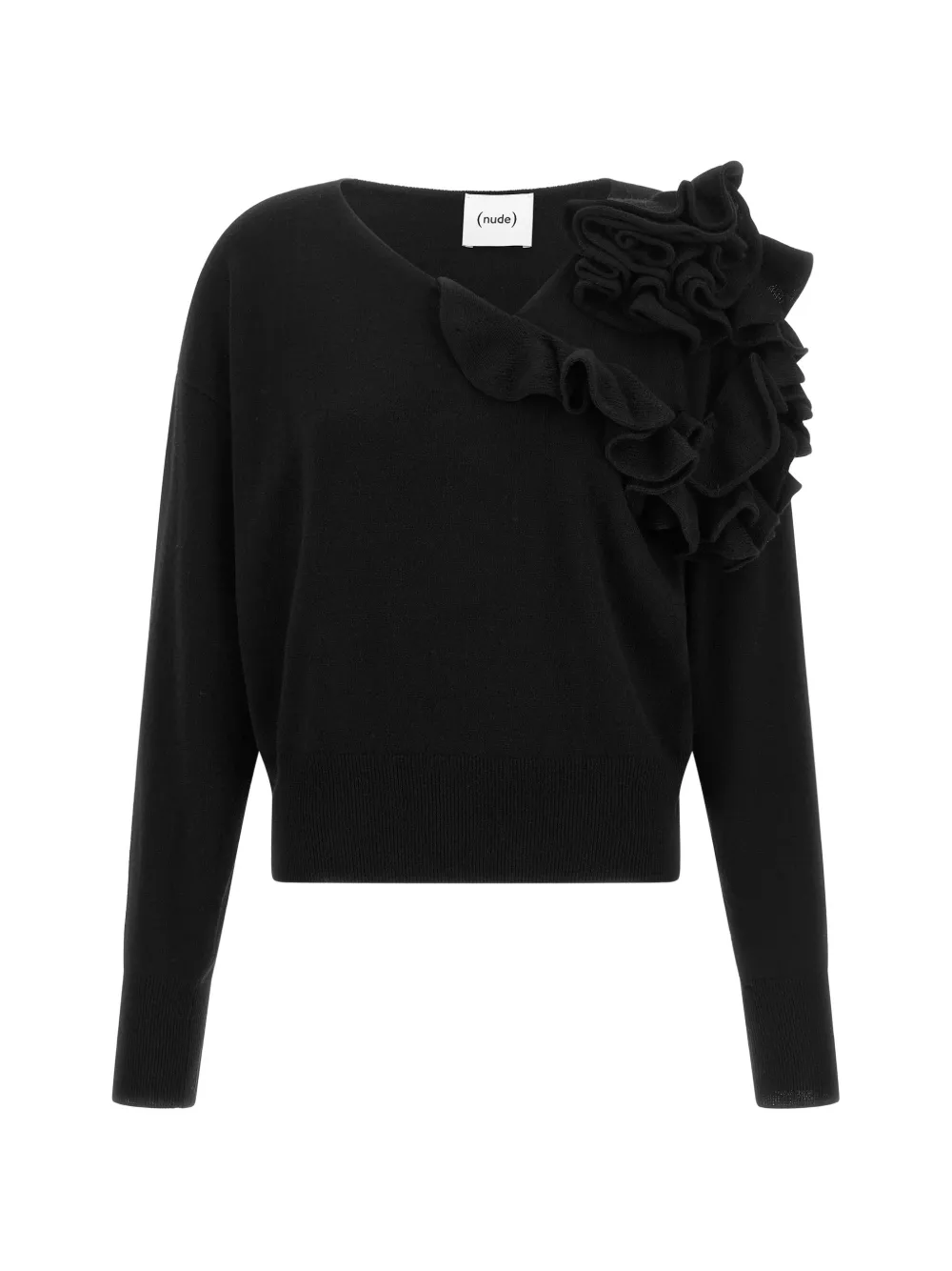 Nude ruffled asymmetrical-neck sweater - Nero