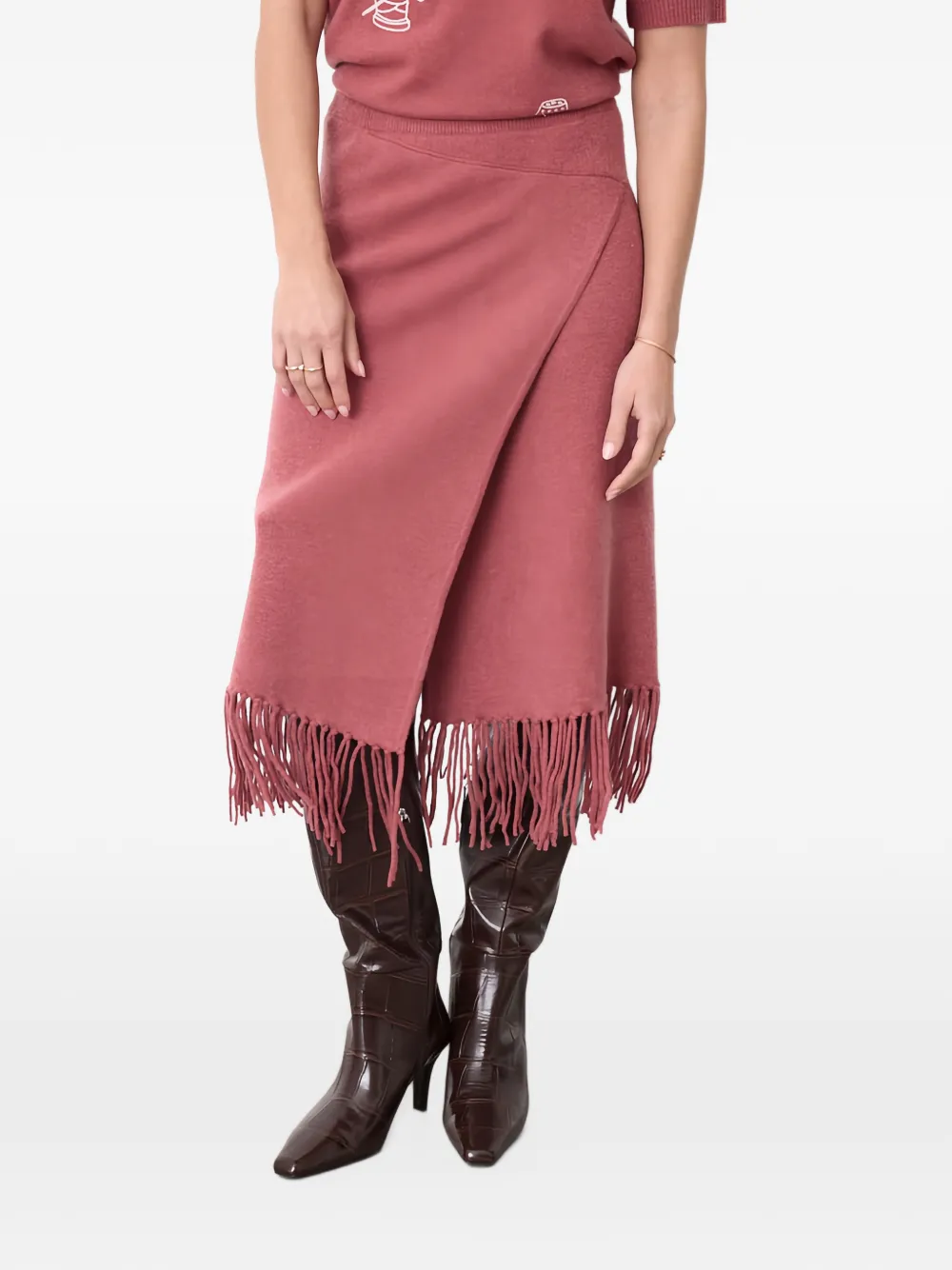Not Shy fringe-trim wrap midi skirt - Rosa