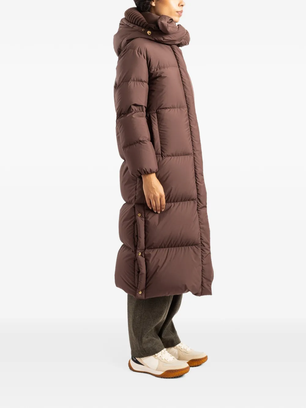 Moncler Ornement hooded long down jacket Bruin