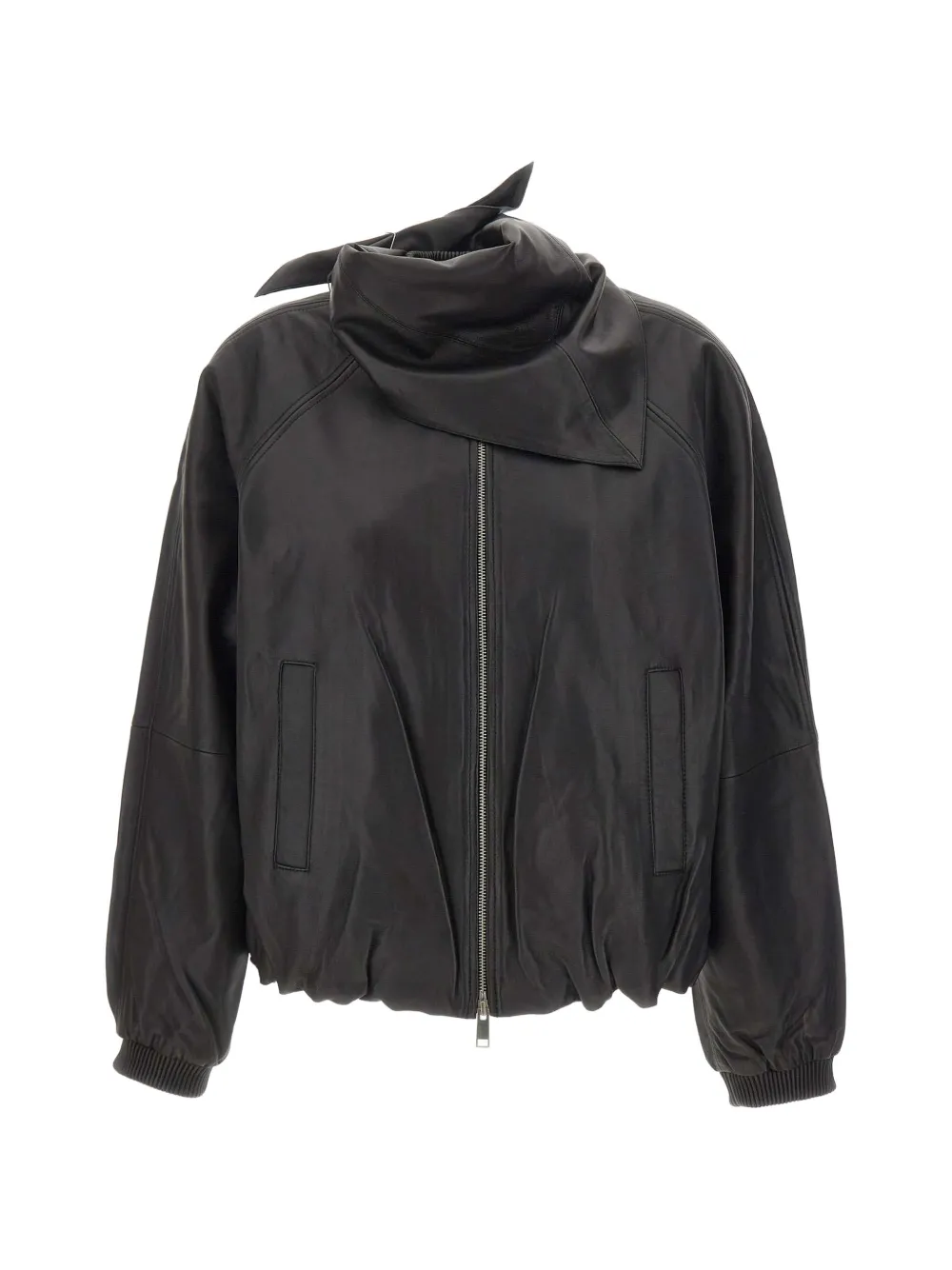 Herskind Yvette Scarf-detail Leather Bomber Jacket In Black