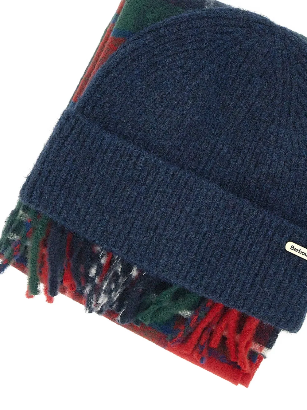 Barbour Olivia tartan fringed beanie hat and scarf set Blauw