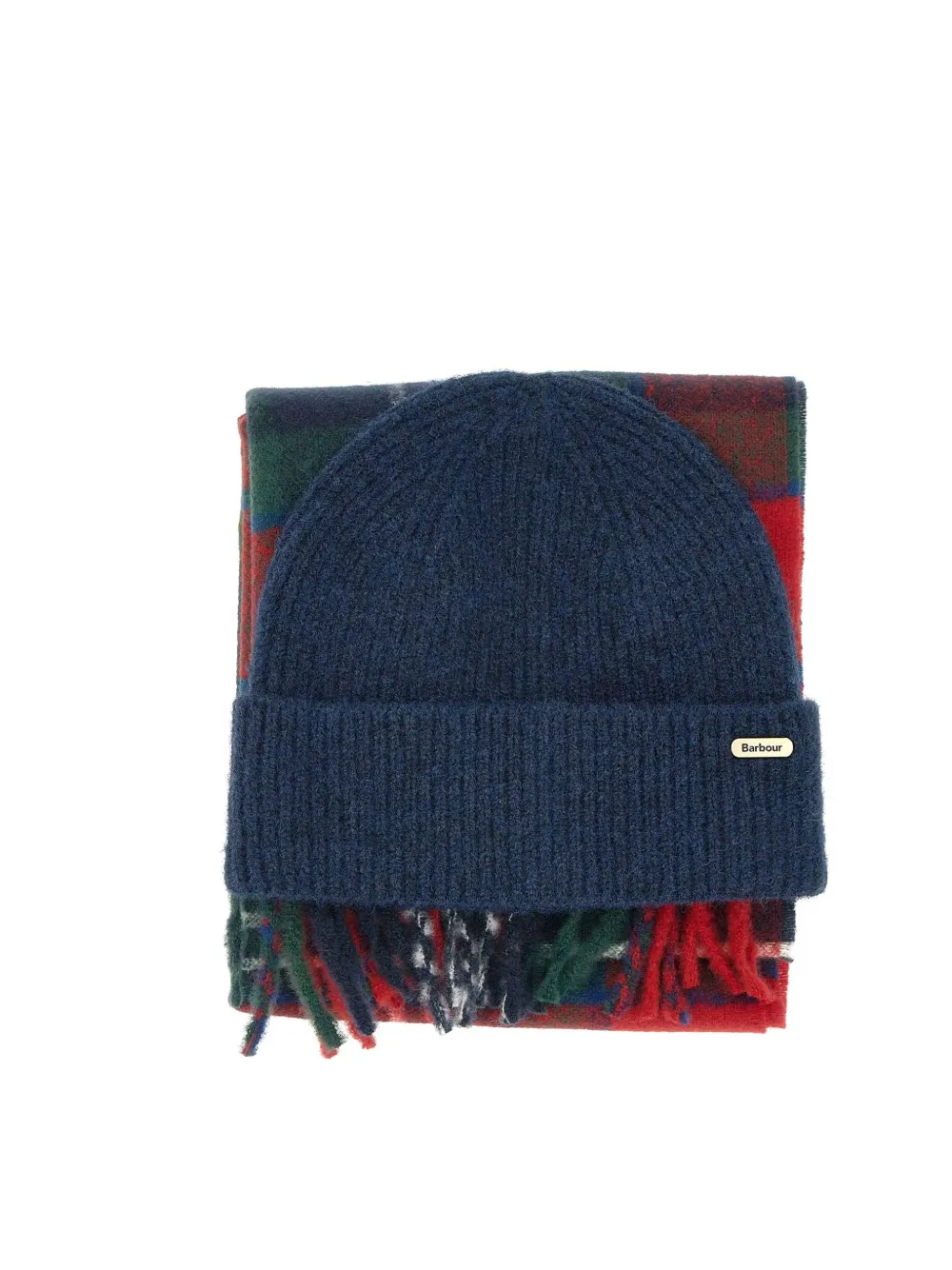 Barbour Olivia tartan fringed beanie hat and scarf set Blauw
