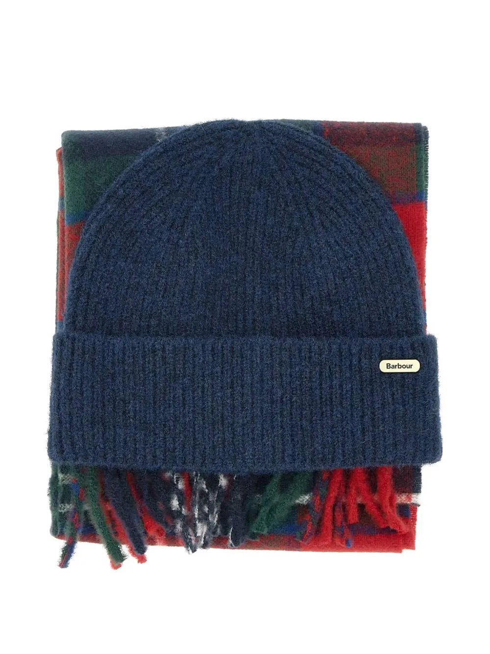 Barbour Olivia tartan fringed beanie hat and scarf set - Blu