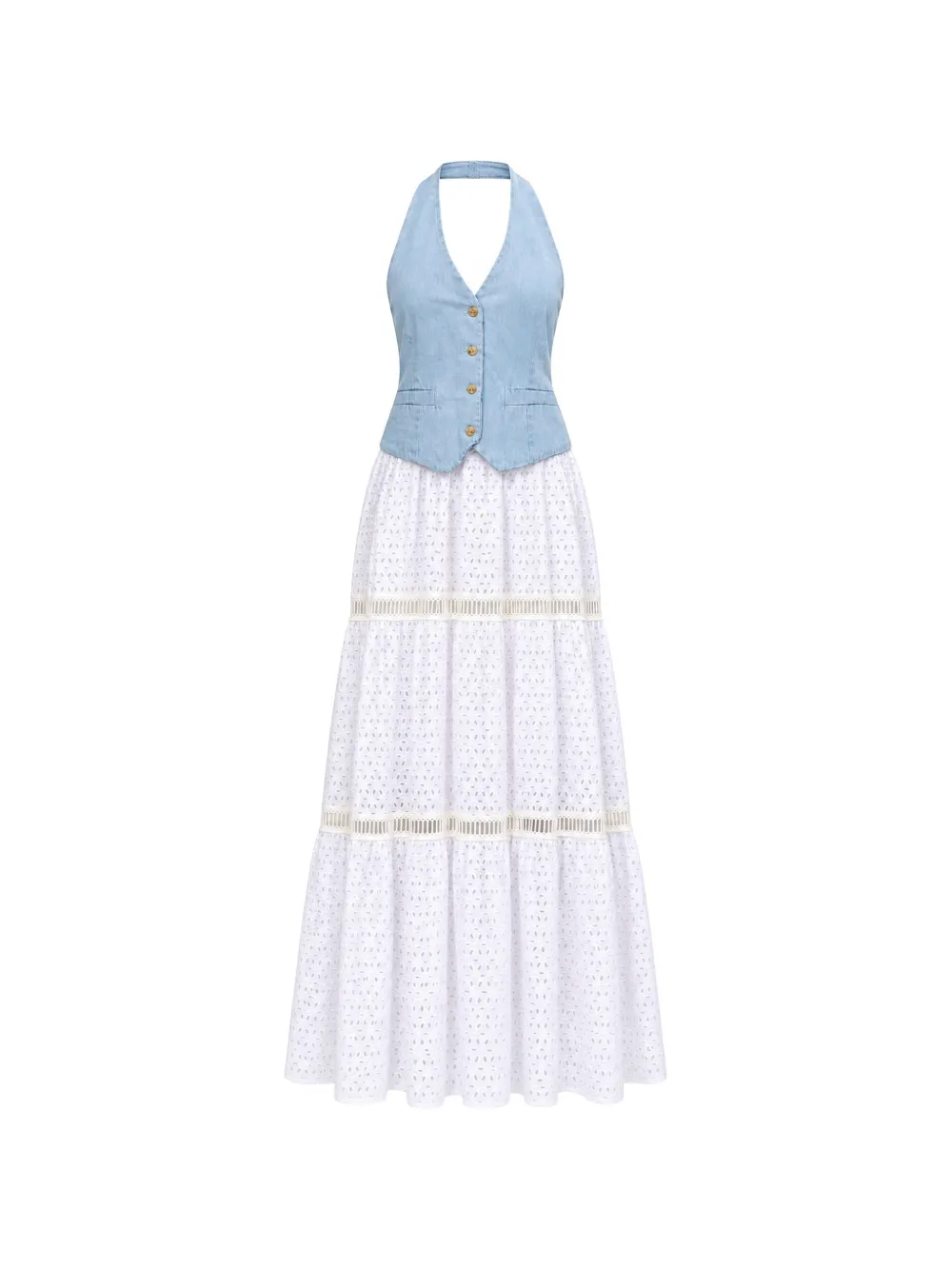 kaos halterneck broderie-anglaise maxi dress - Blanc