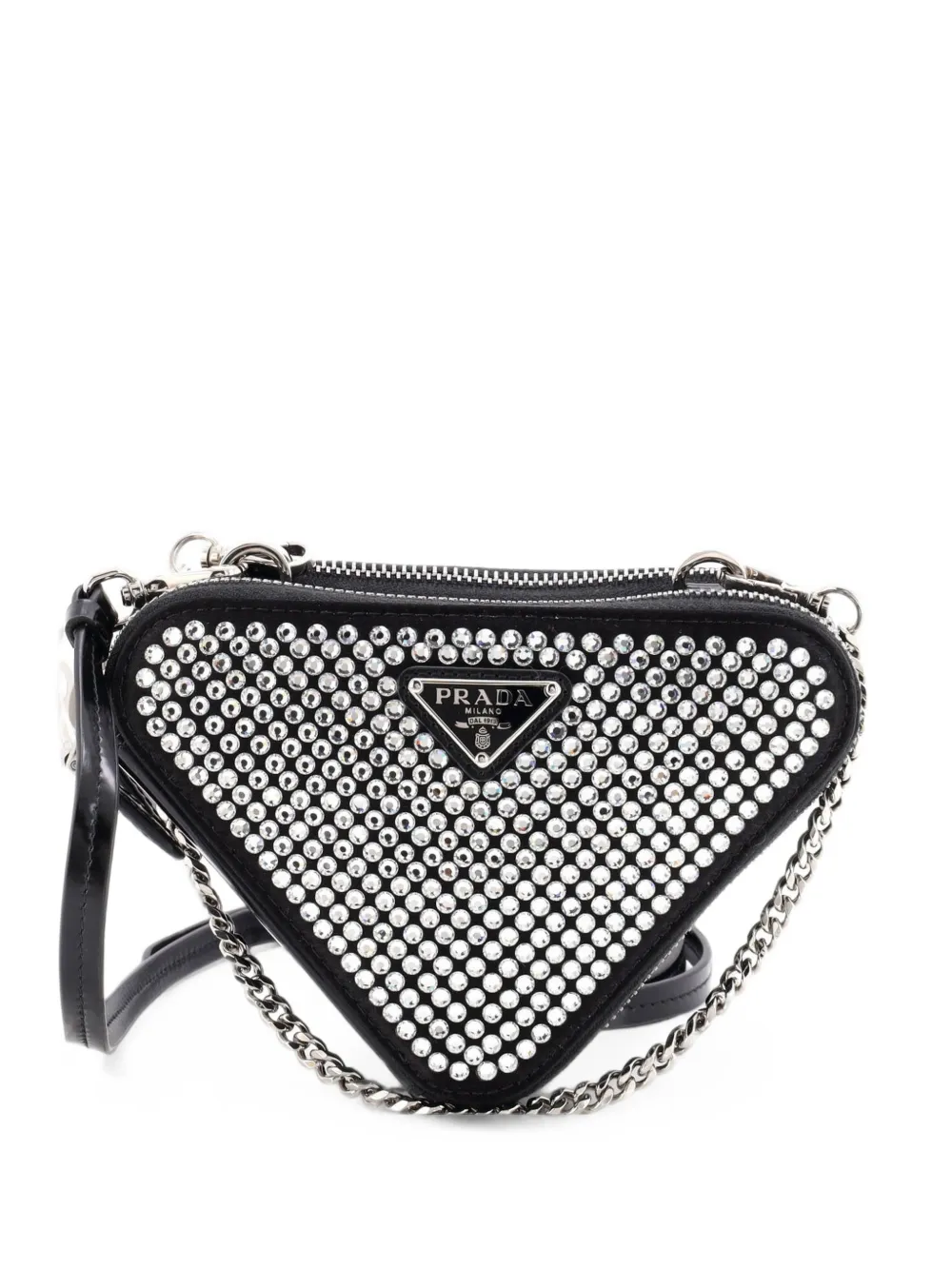 Prada Pre-Owned Triangle Double Pouch Crystal Embellished Satin Mini crossbody bag - Nero