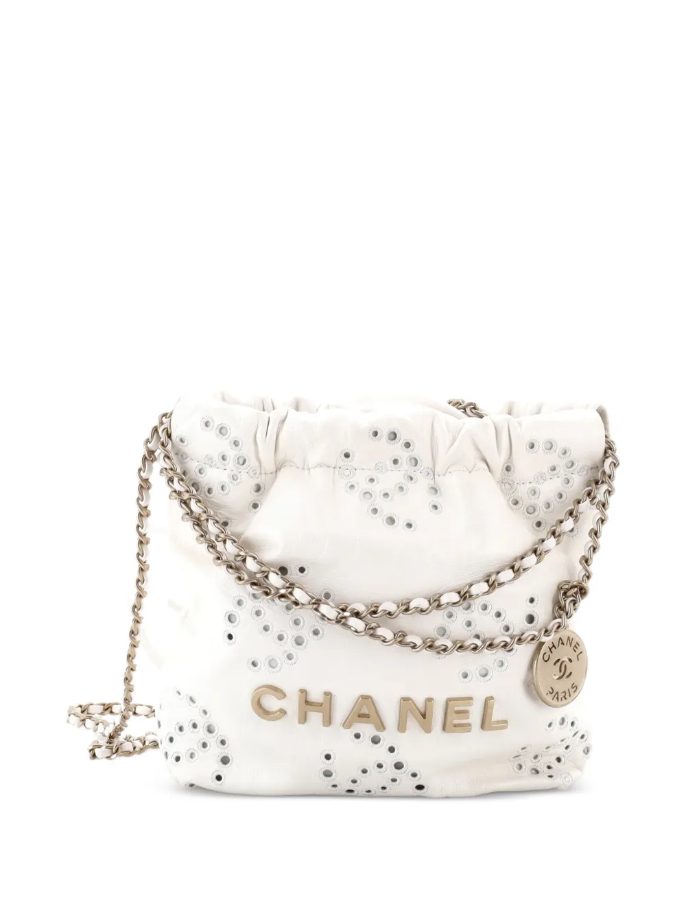 CHANEL Pre-Owned 22 Chain Hobo CC Eyelet Embroidered Calfskin Mini crossbody bag - White
