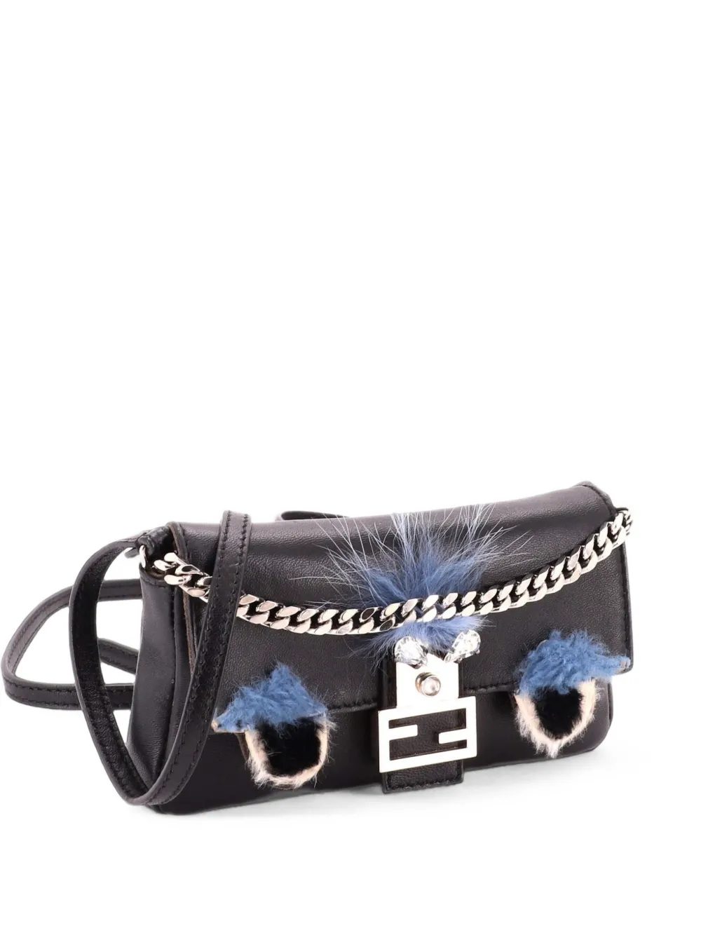 Fendi Pre-Owned Monster Baguette Leather and Fur Micro crossbody bag - Black