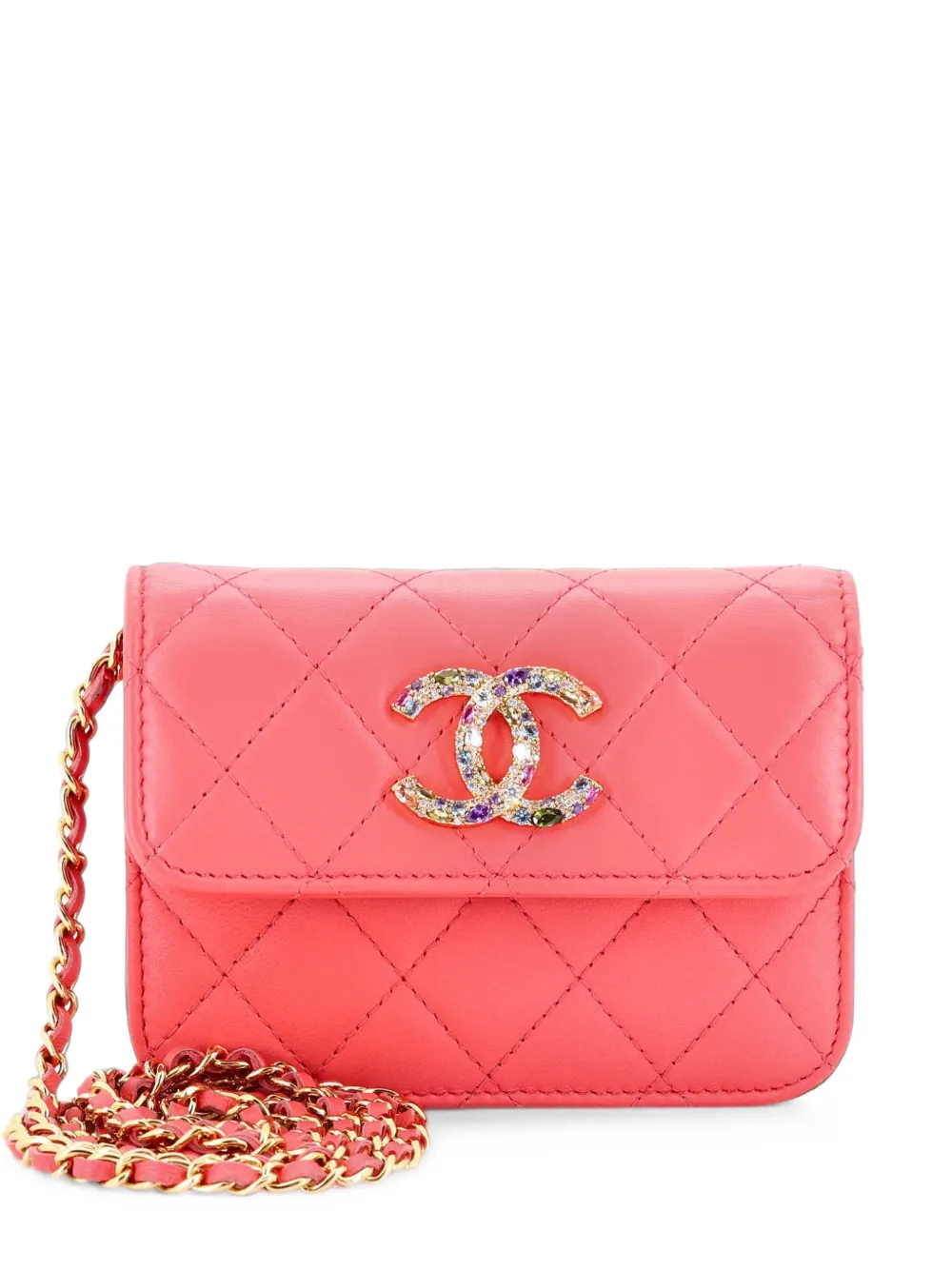 CHANEL Pre-Owned Crystal CC Card Holder with Chain Quilted Lambskin crossbody bag - Rosa