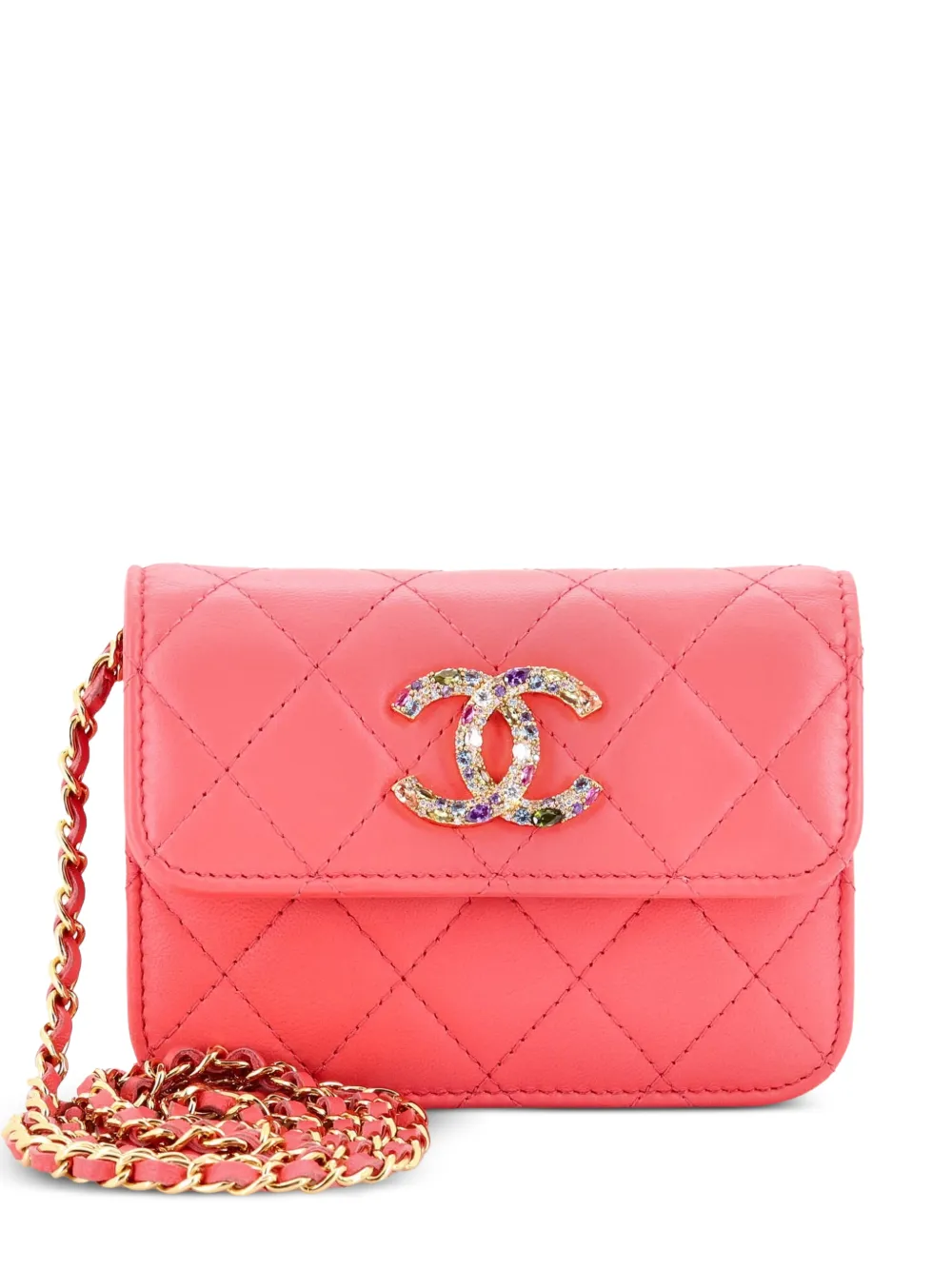CHANEL Pre-Owned Crystal CC Card Holder with Chain Quilted Lambskin crossbody bag - Pink