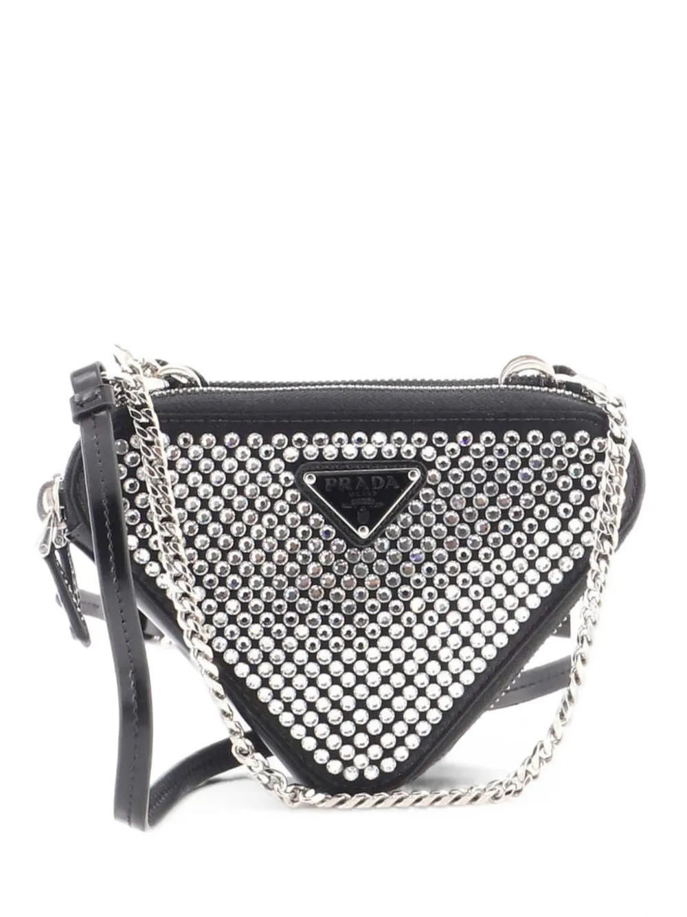 Prada Pre-Owned Triangle Double Pouch Crystal Embellished Satin Mini crossbody bag - Nero