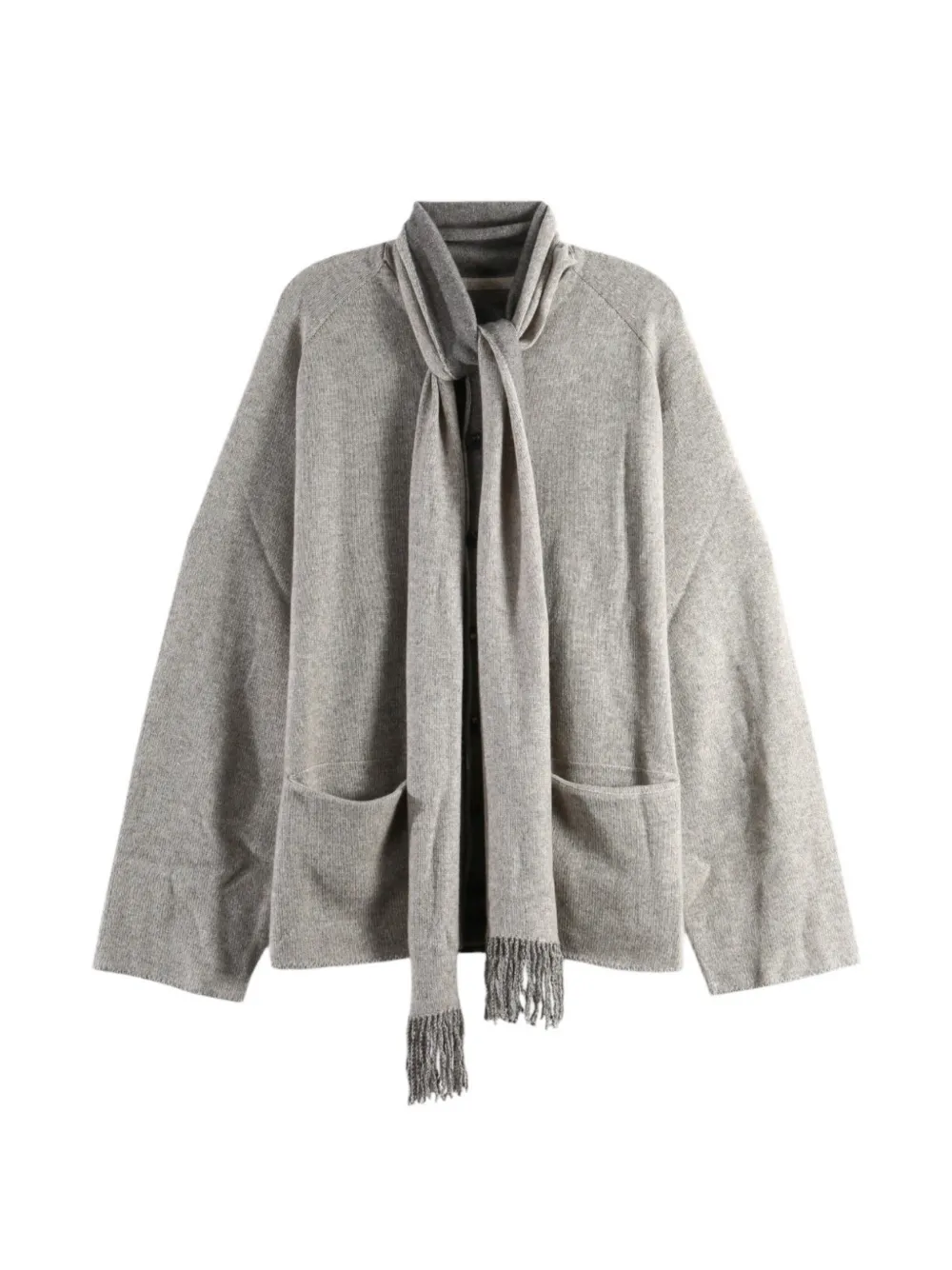Ziggy Chen fringed-scarf wool cardigan - Grau