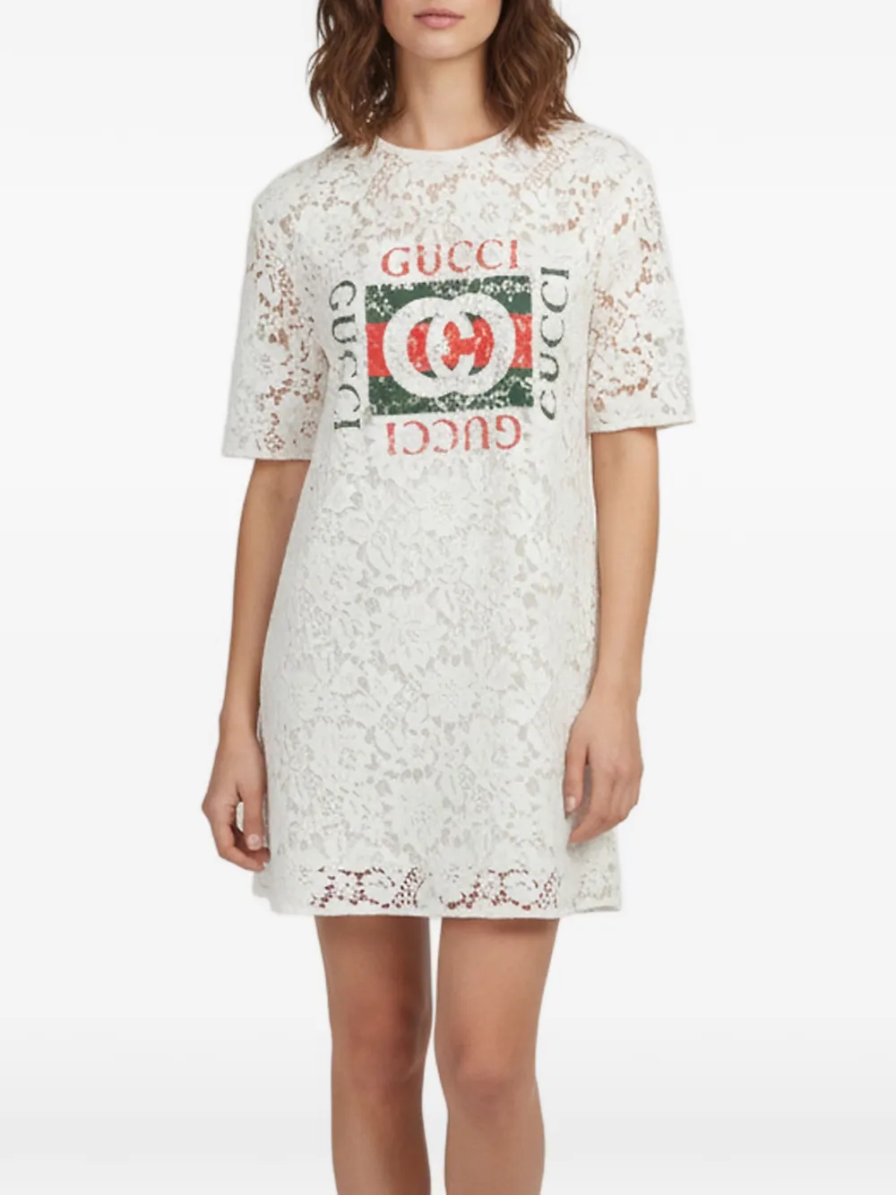 Gucci Pre-Owned lace logo-print mini dress - Blanc Gucci Pre-Owned lace logo-print mini dress - Blanc