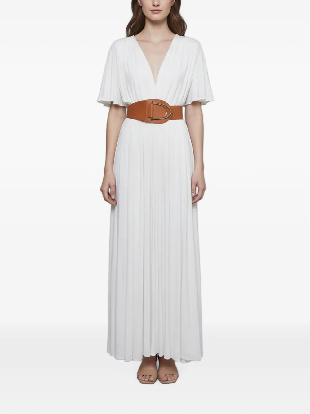 Elisabetta Franchi robe longue plissée à taille ceinturée - Blanc Elisabetta Franchi robe longue plissée à taille ceinturée - Blanc