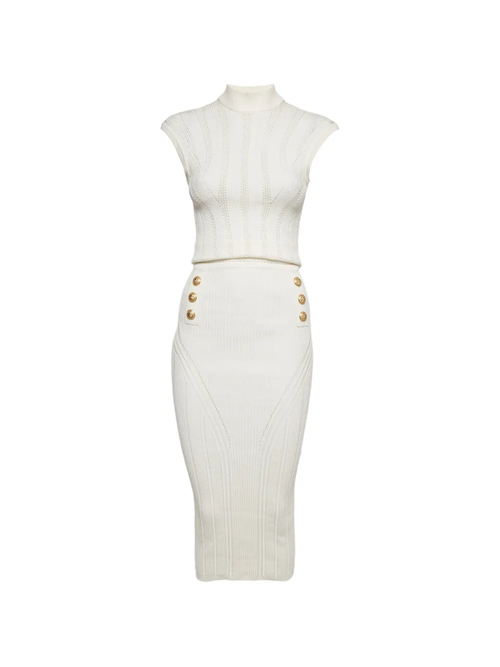 Pre-owned Balmain Rib-knit Backless Fitted Midi Dress In White