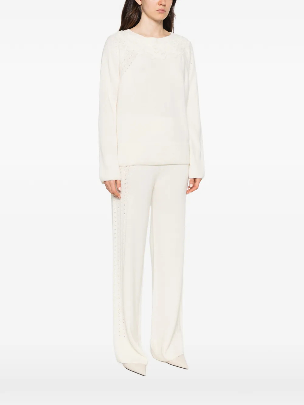 Ermanno Scervino lace-trimmed pointelle-knit sweater Wit