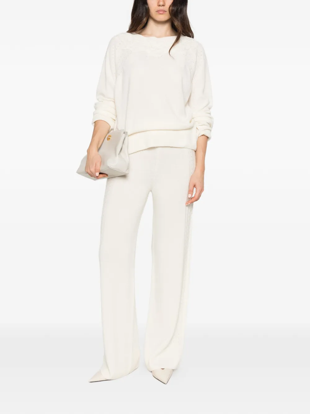 Ermanno Scervino lace-trimmed pointelle-knit sweater Wit