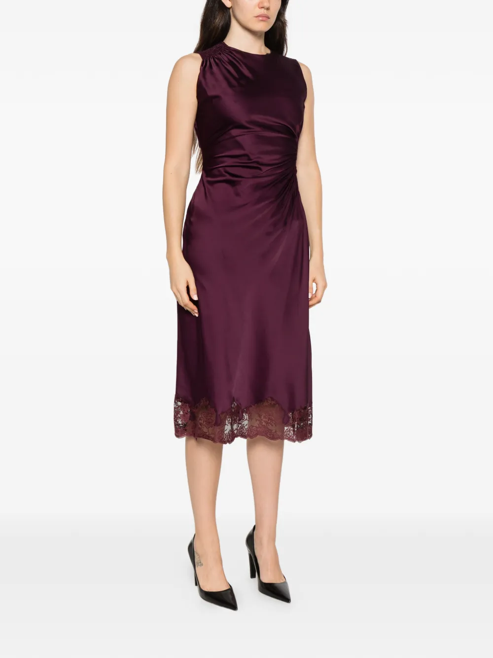 Ermanno Scervino lace-trim ruched-detailing midi dress Paars