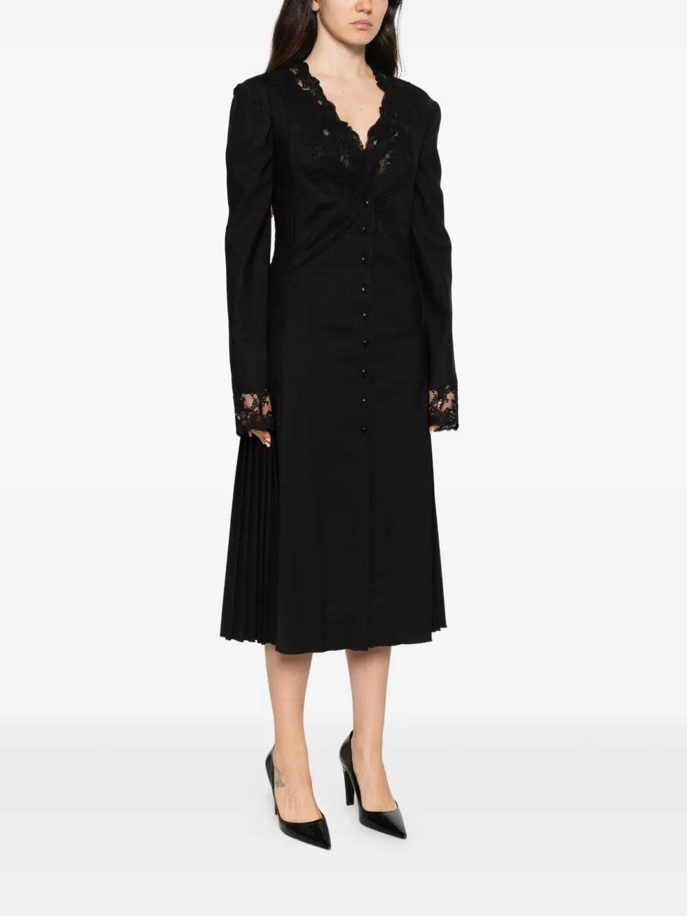 Ermanno Scervino lace-trimmed buttoned-front pleated midi dress Zwart
