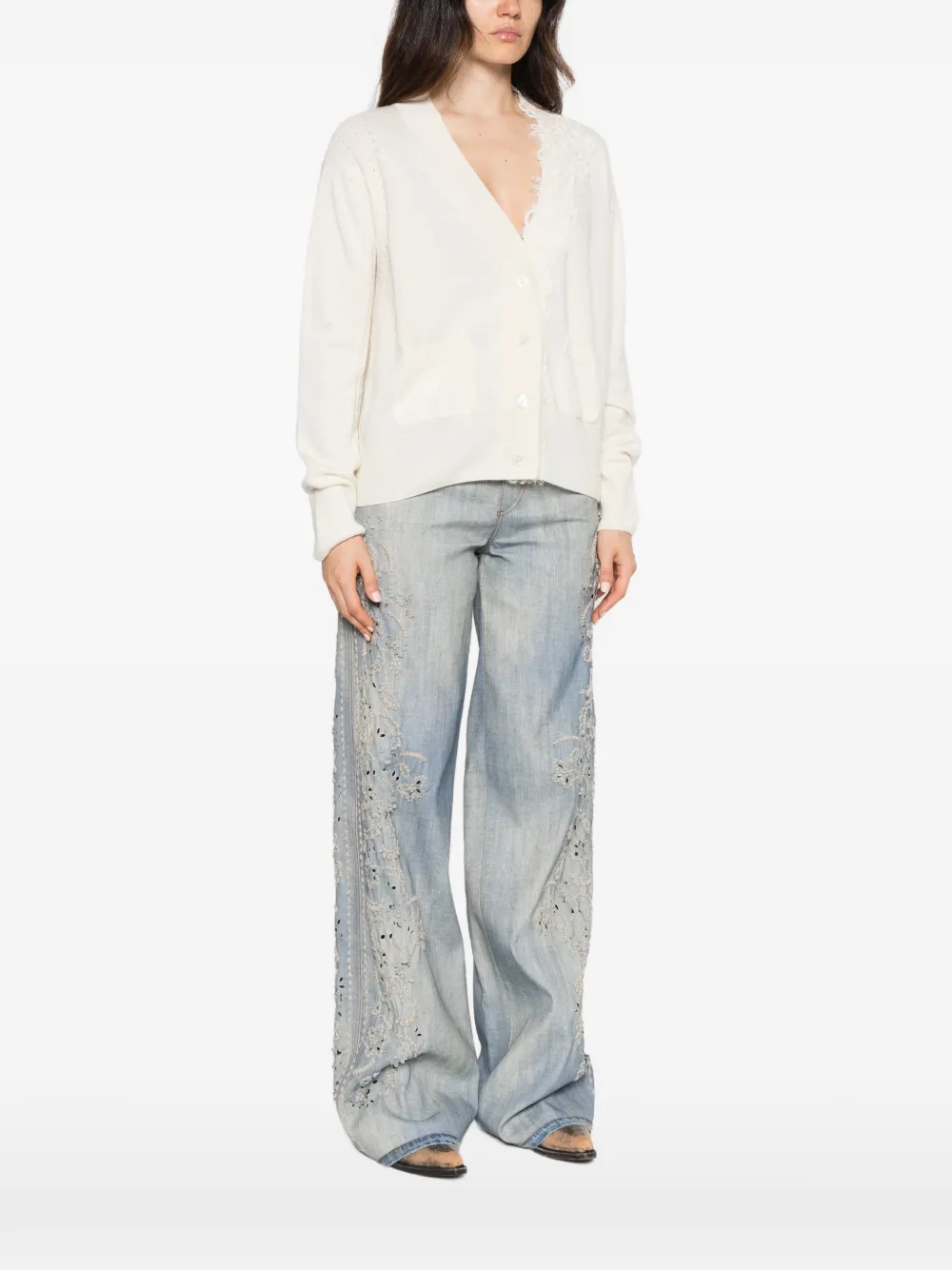 Ermanno Scervino lace-trim buttoned cardigan Beige