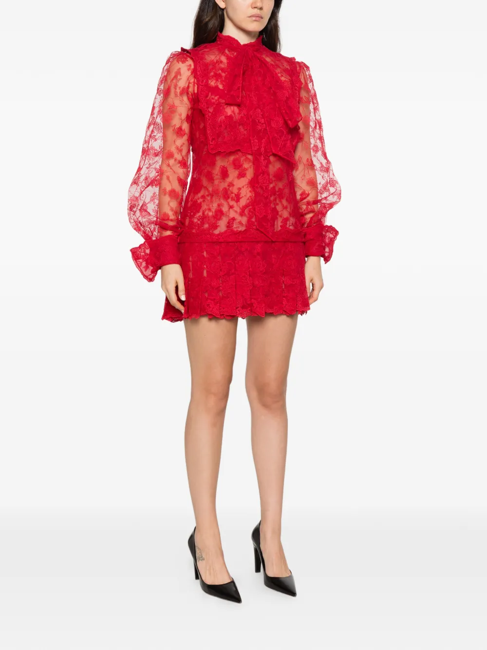 Ermanno Scervino lace pussy-bow mini dress set Rood