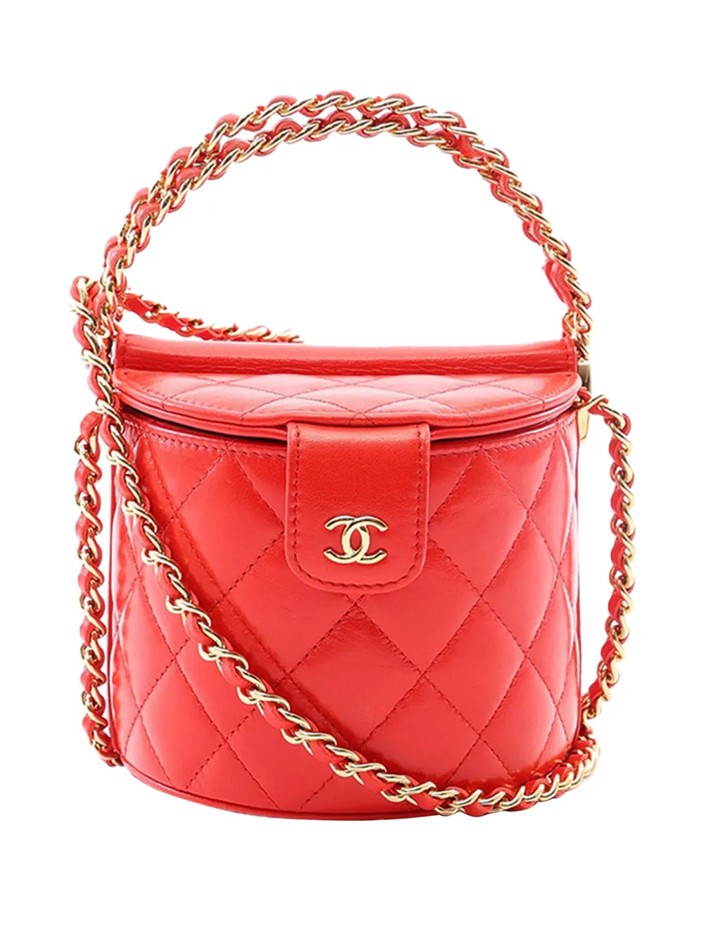 CHANEL Pre-Owned 2025 CC Quilted Lambskin Top Handle Round Vanity Case with Chain satchel - Rosso