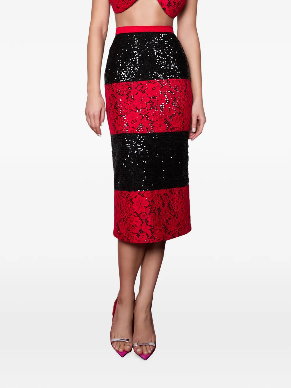 Imroska Sequin-embellished Lace-panel Midi Skirt In Black