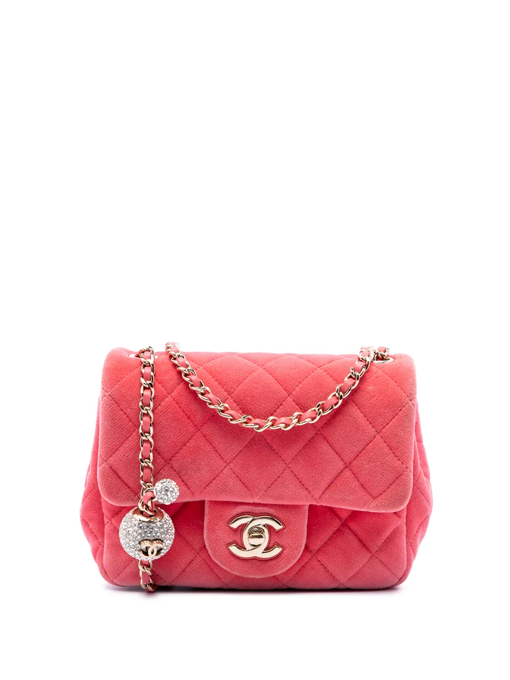 CHANEL Pre-Owned 2020 Mini Square Classic Velvet Pearl Crush Single Flap crossbody bag - Pink
