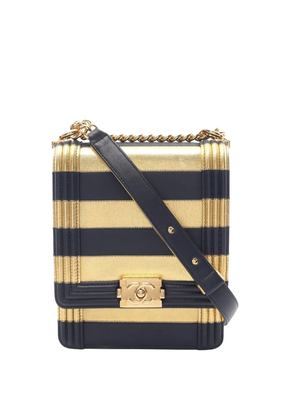CHANEL Pre-Owned 2019 Paris New York Metallic Lambskin Striped North South Boy Flap crossbody bag - Oro
