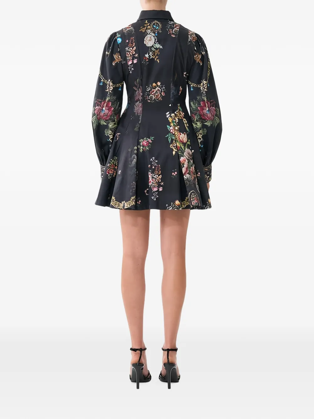 Camilla floral-print pleated mini shirt dress Zwart