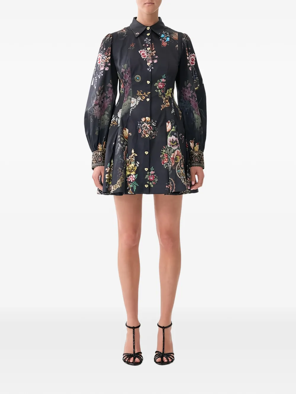 Camilla floral-print pleated mini shirt dress Zwart