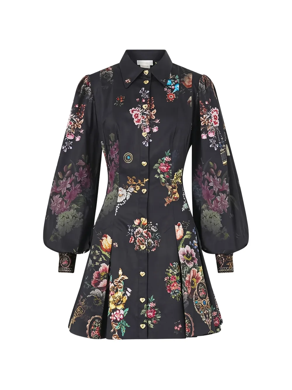 Camilla floral-print pleated mini shirt dress Zwart