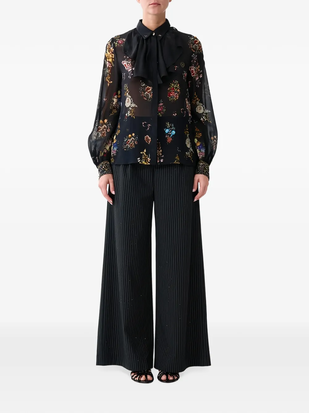 Camilla floral-print ruffled blouse Zwart