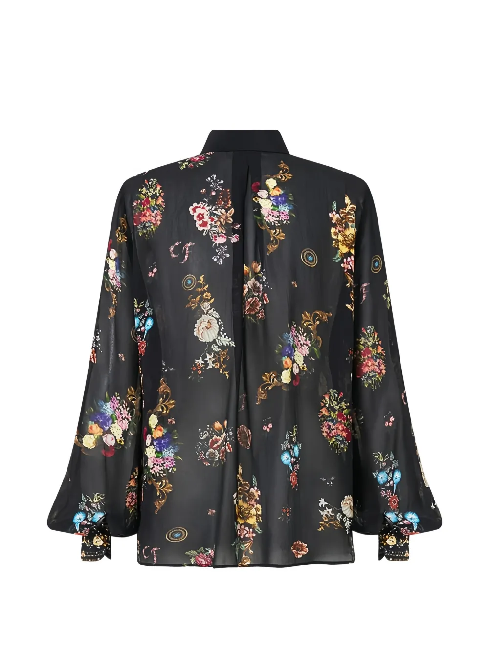 Camilla floral-print ruffled blouse Zwart
