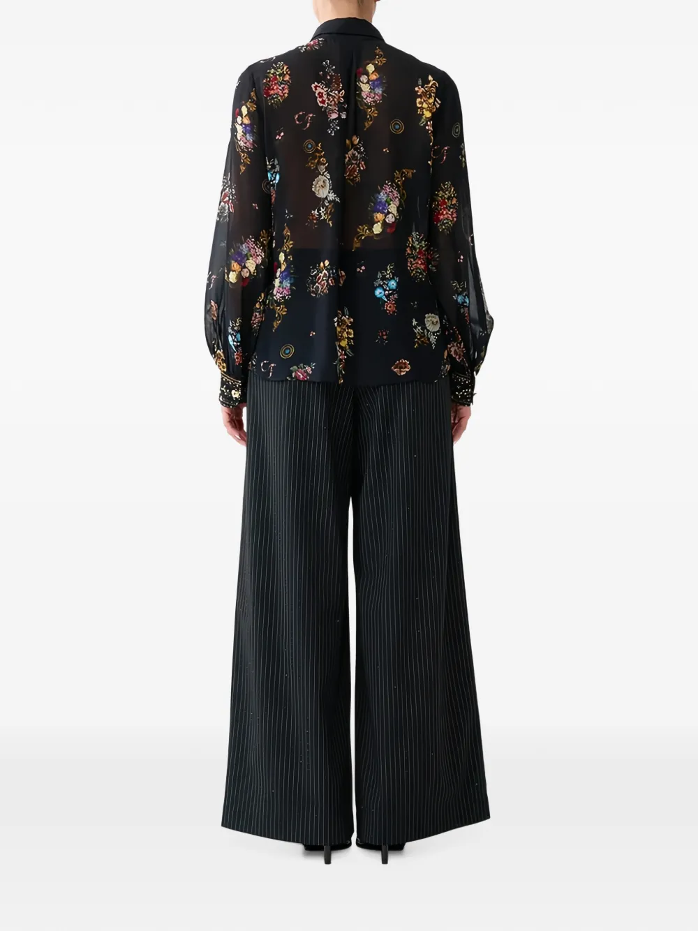 Camilla floral-print ruffled blouse Zwart