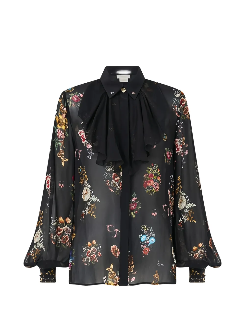 Camilla floral-print ruffled blouse Zwart