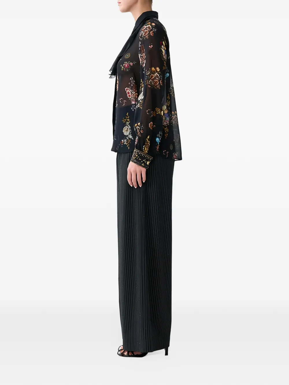 Camilla floral-print ruffled blouse Zwart