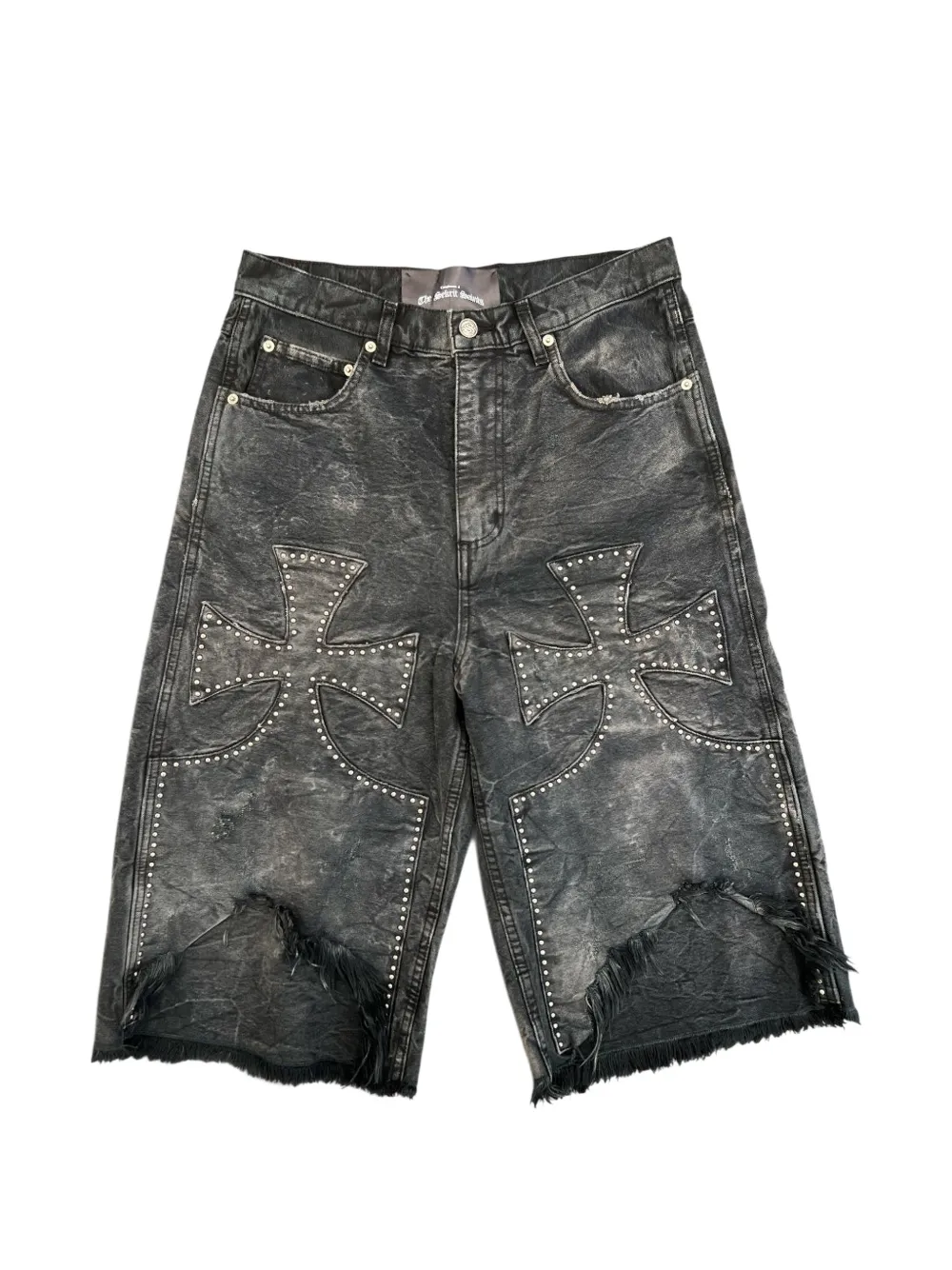 Sekrit Chopper Studded Denim Shorts In Multi