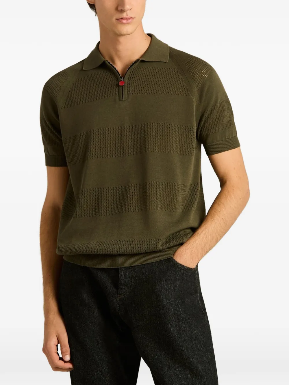 Kiton Poloshirt met rits en opengewerkte streep Groen