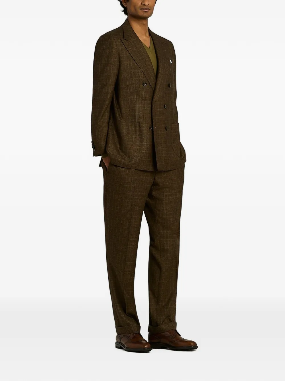 Kiton Prince of Wales pak met dubbele rij knopen Bruin