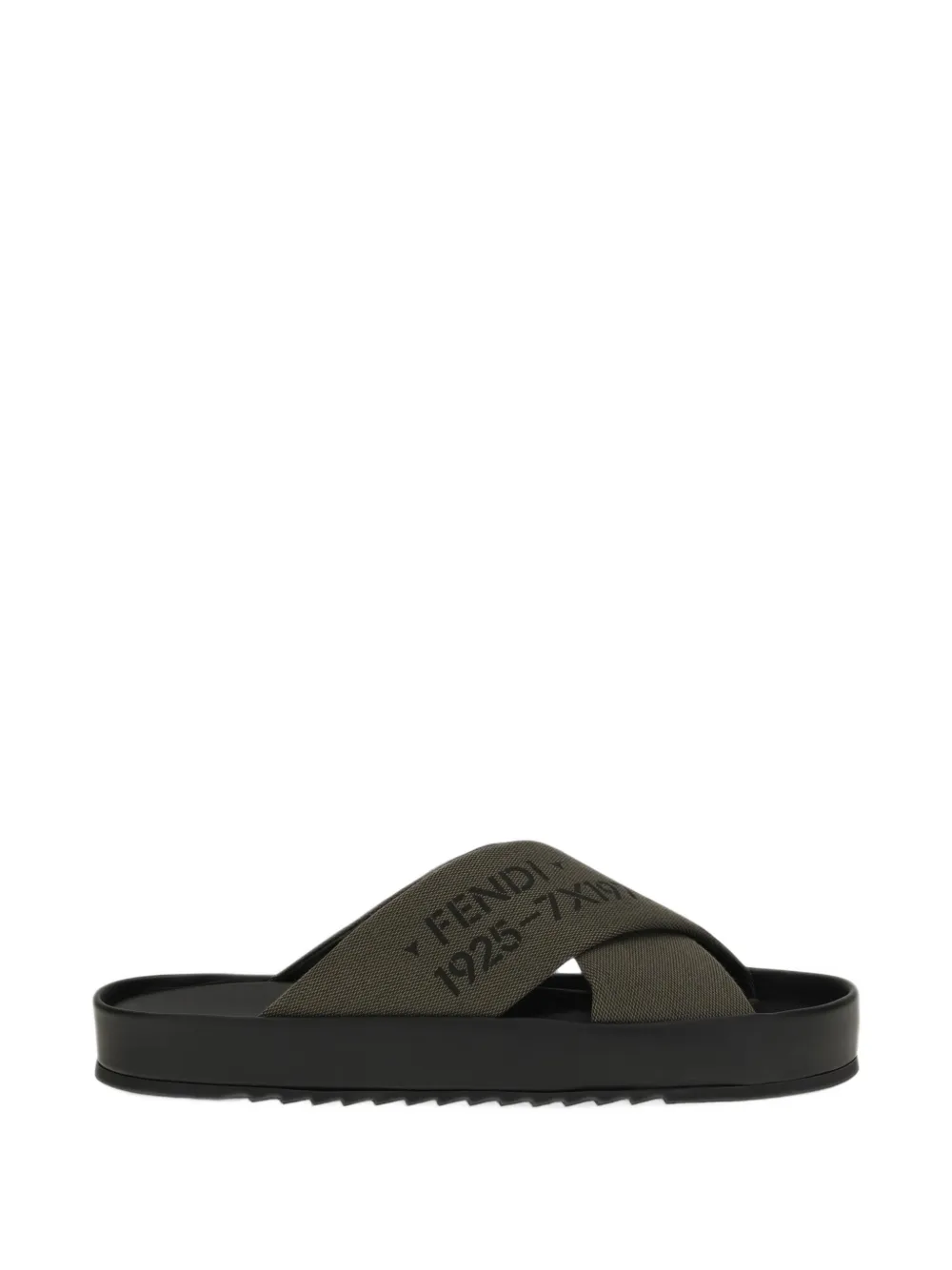 FENDI black leather and gray-green fabric slides