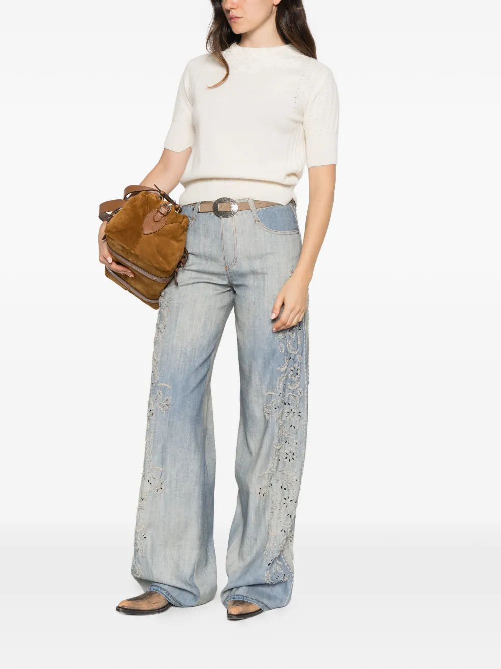 Ermanno Scervino lace-trimmed short-sleeve sweater Beige
