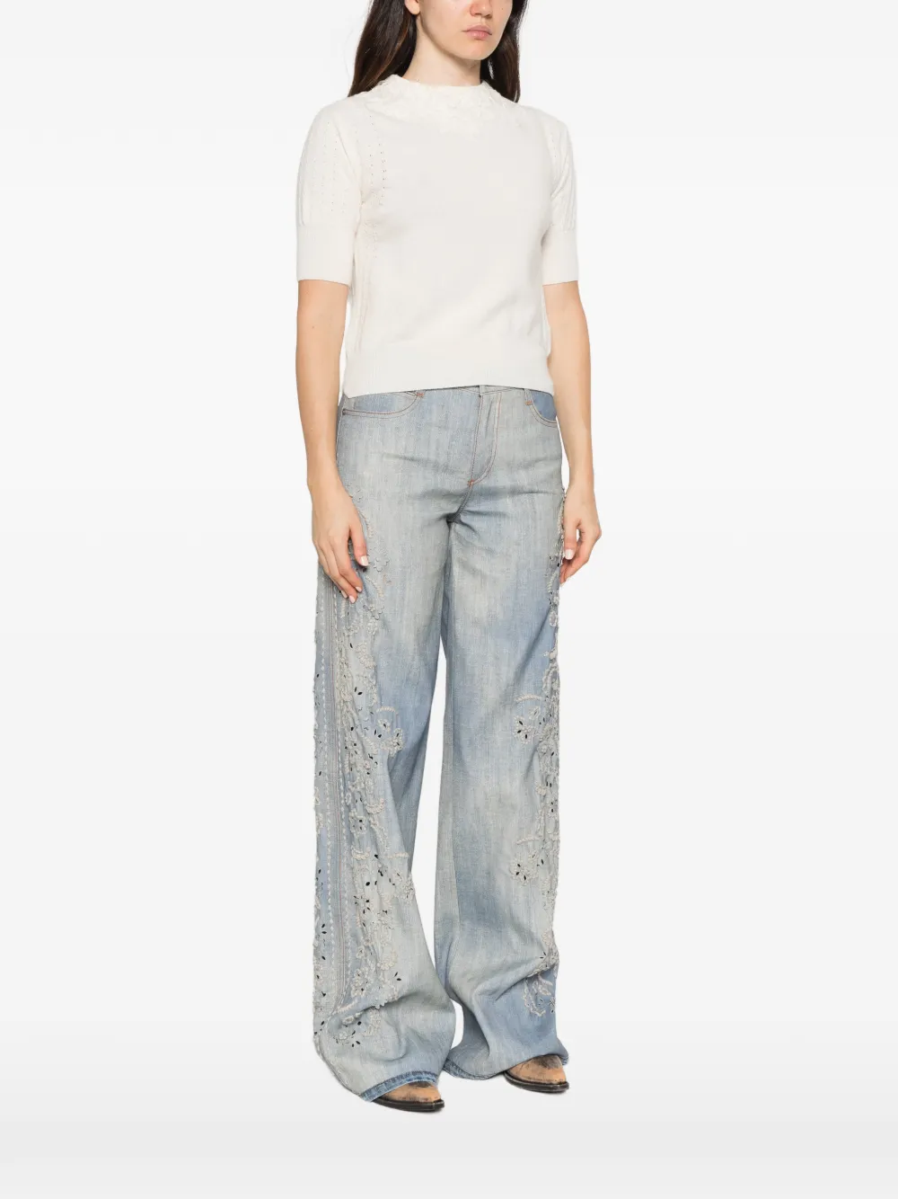 Ermanno Scervino lace-trimmed short-sleeve sweater Beige