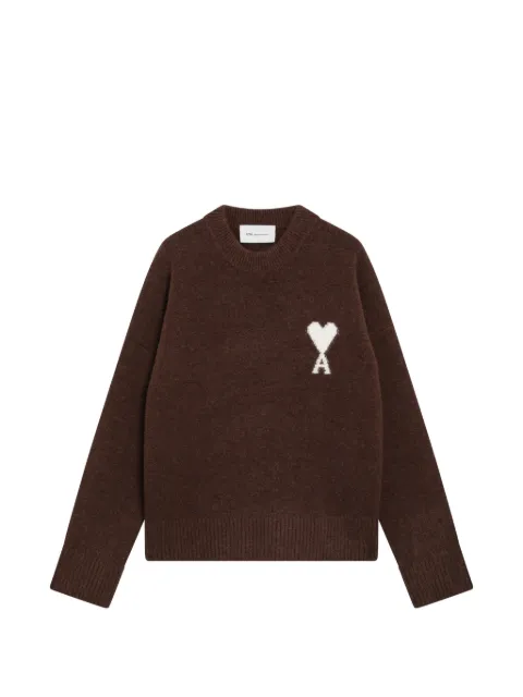 AMI Paris brown crewneck alpaca sweater with Ami de Coeur