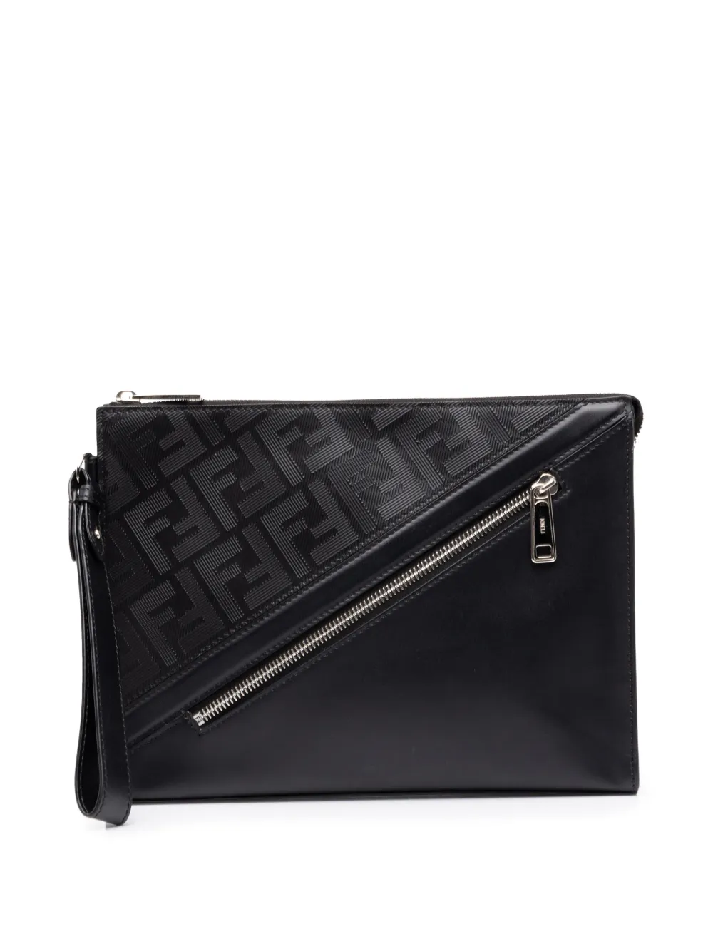 Fendi Pre-Owned pochette Zucca Shadow en cuir de veau à motif Diagonal et zip (2010-2026) - Noir Fendi Pre-Owned pochette Zucca Shadow en cuir de veau à motif Diagonal et zip (2010-2026) - Noir