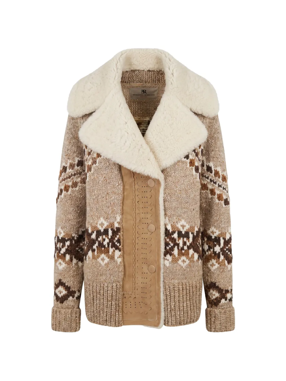 Ermanno Scervino intarsia-knit shearling-collar coat - Neutrals
