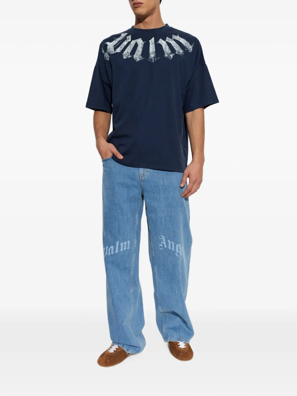 Palm Angels Big Neck T-shirt met logo-print Blauw